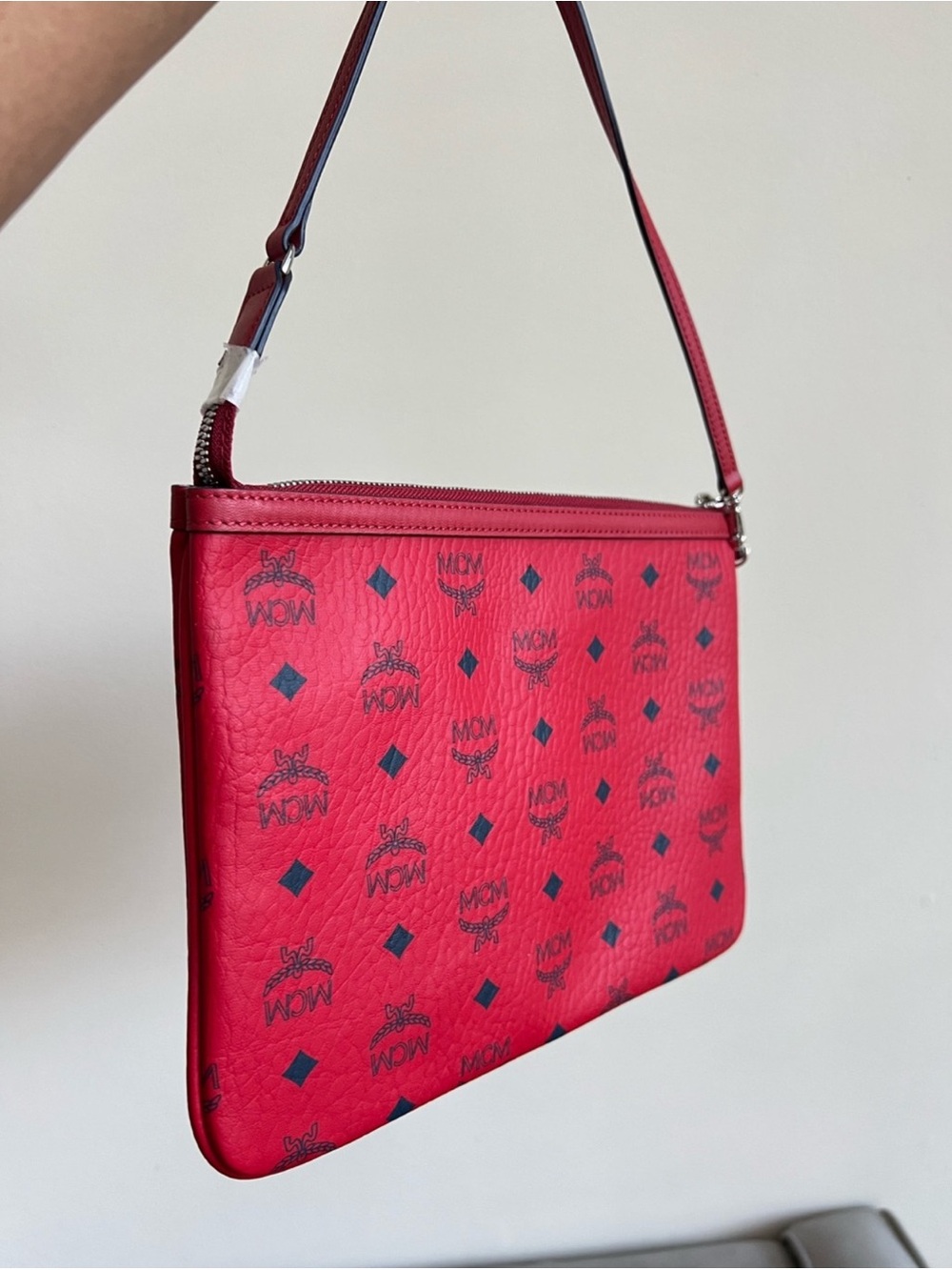 MCM Red Logo Print Leather Wristlet with Navy Accents